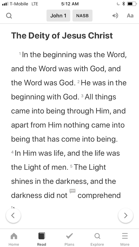 Example of what a Bible passage looks like in the Bible app (You Version).
