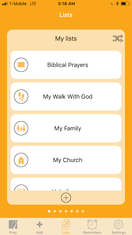 Lists in Prayer Mate app