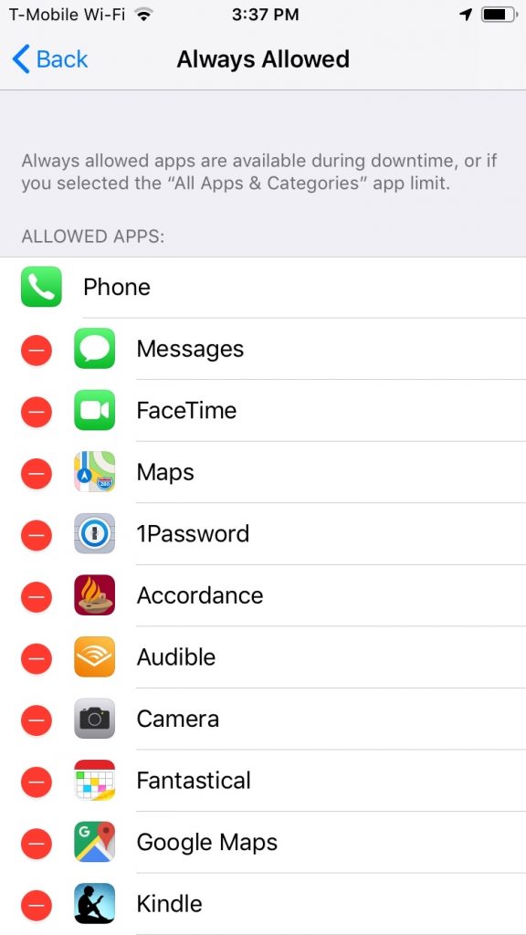 List of Always Allowed apps in the Screen Time feature of iOS 12
