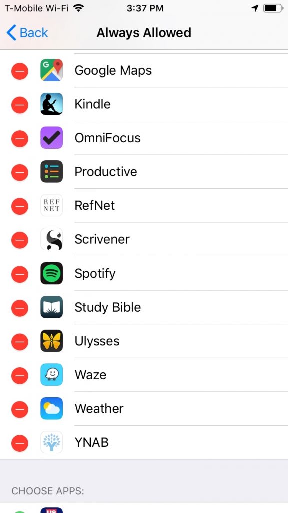 Longer list of Always Allowed apps in the Screen Time feature of iOS 12