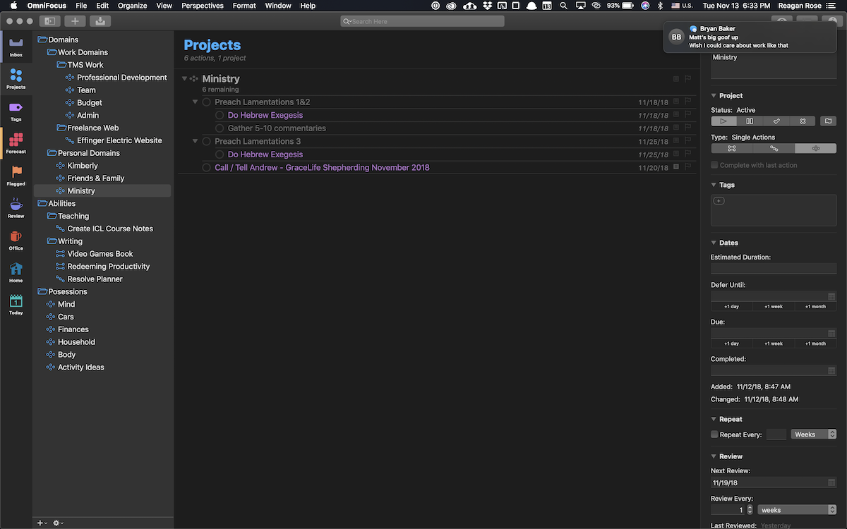 OmniFocus 3 Projects view on macOS Mojave