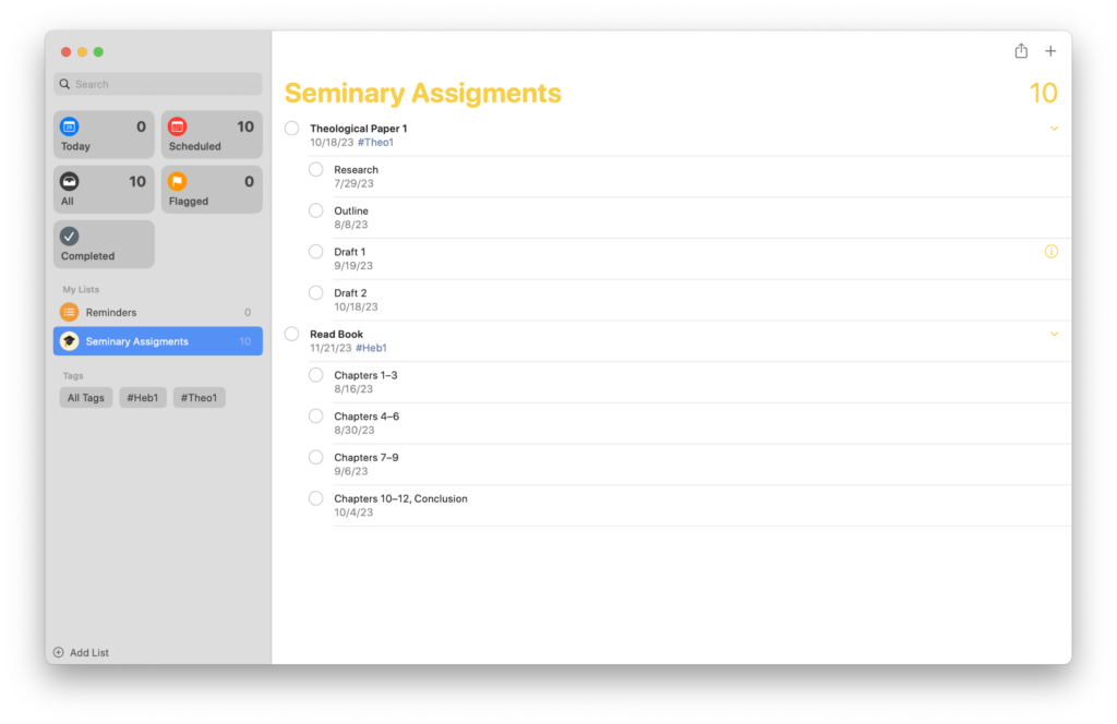 Master document of assignments and sub tasks in Apple Reminders app.