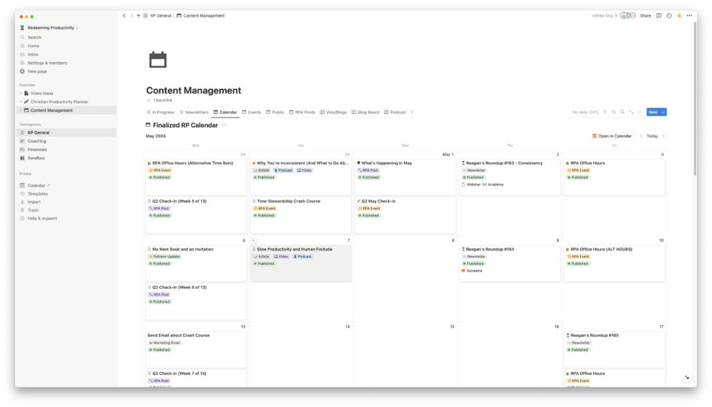 Redeeming Productivity content calendar in Notion